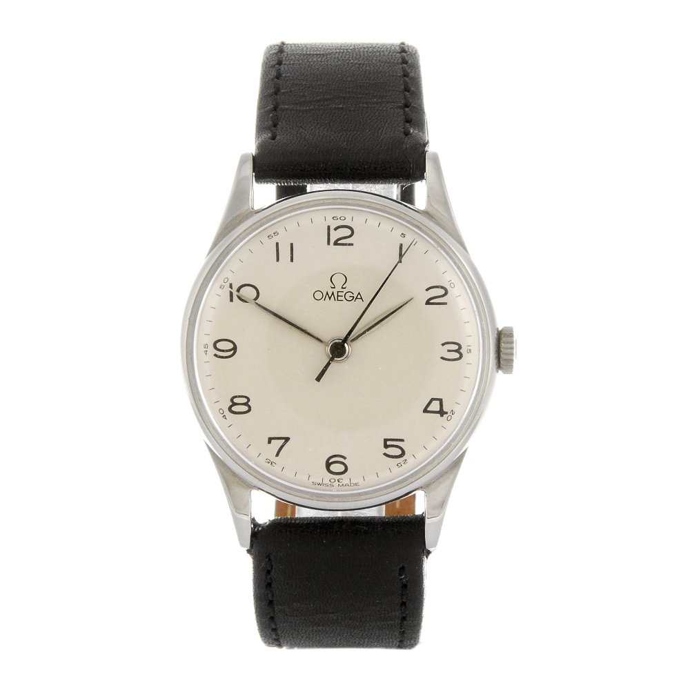 OMEGA - a gentleman's wrist watch.: OMEGA - a gentleman's wrist watch. Numbered 2391/1. Signed manual wind calibre 30T2SC. Silvered dial with Arabic numeral hour markers. Stainless steel case fitted to a non-original black leather strap