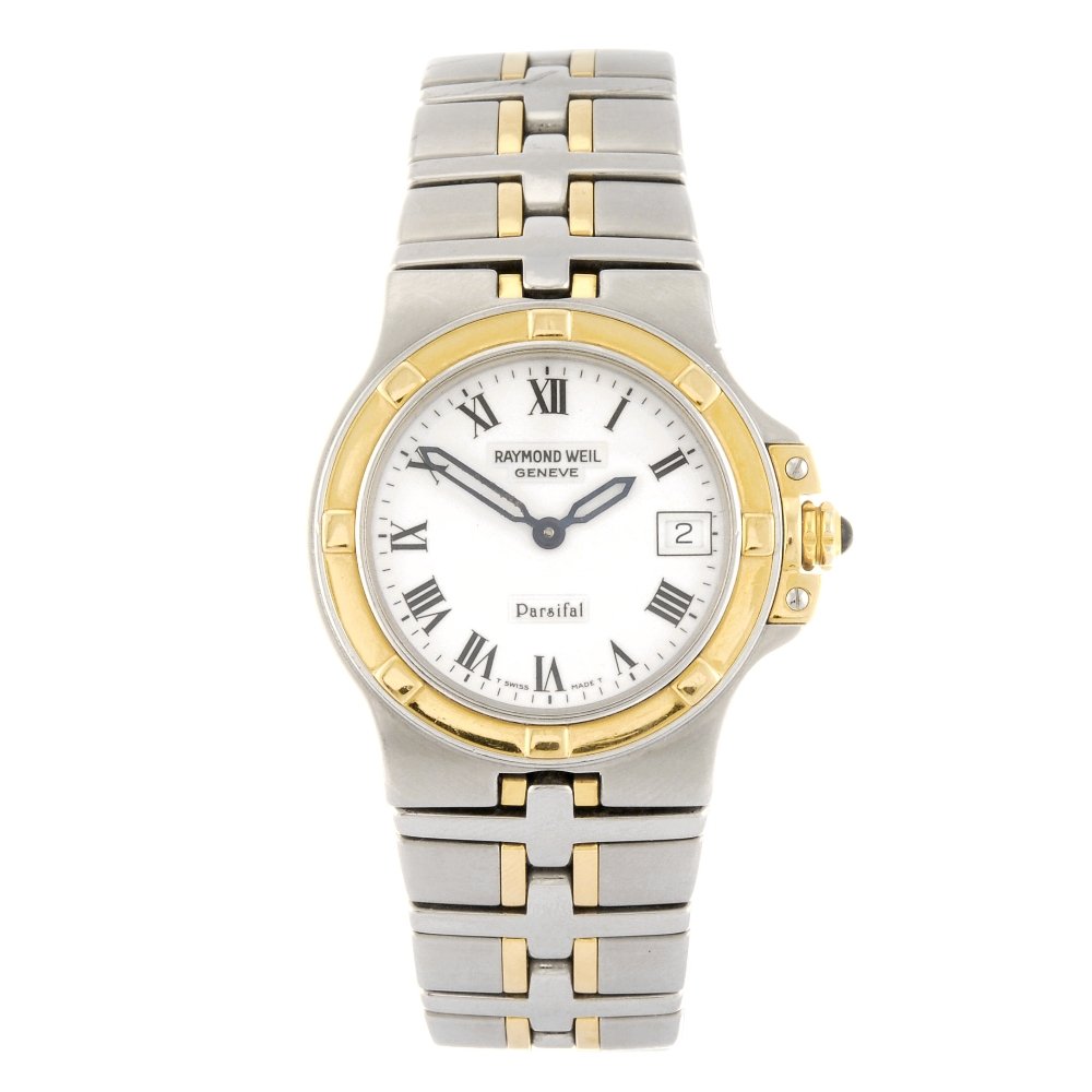 RAYMOND WEIL - a gentleman's Parsifal bracelet watch.: RAYMOND WEIL - a gentleman's Parsifal bracelet watch. Reference 9570, serial B178291. Quartz movement. White dial with Roman numeral hour markers, date aperture to three. Bi-colour case fitted to a bi
