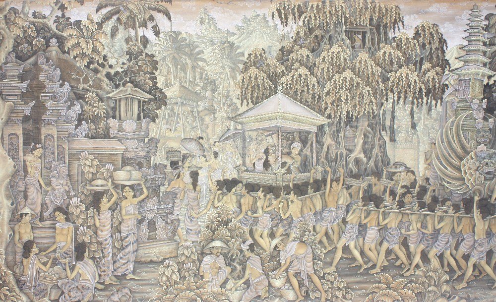 A large 20th century Balinese painting on canvas scroll: A large 20th century Balinese painting on canvas scroll. Depicting dozens of figures in a procession, some carrying high status figures upon bearers and a 'Royal Sedan' or 'Litter', in a jungle landsc
