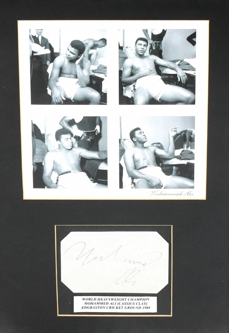 Mohammed Ali: Mohammed Ali, a framed set of four reprinted monochrome photographic images depicting the boxer, with separate black ink penned signature upon white paper panel and further printed label detailed 'Wor