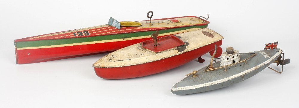 A Lindstrom tinplate clockwork model speedboat, etc.: A Lindstrom tinplate clockwork model speedboat, the green yellow and red printed hull with racing number "135" and open cockpit lacking figure, 14.5" (37cm) long. A Hornby clockwork model speedboat an