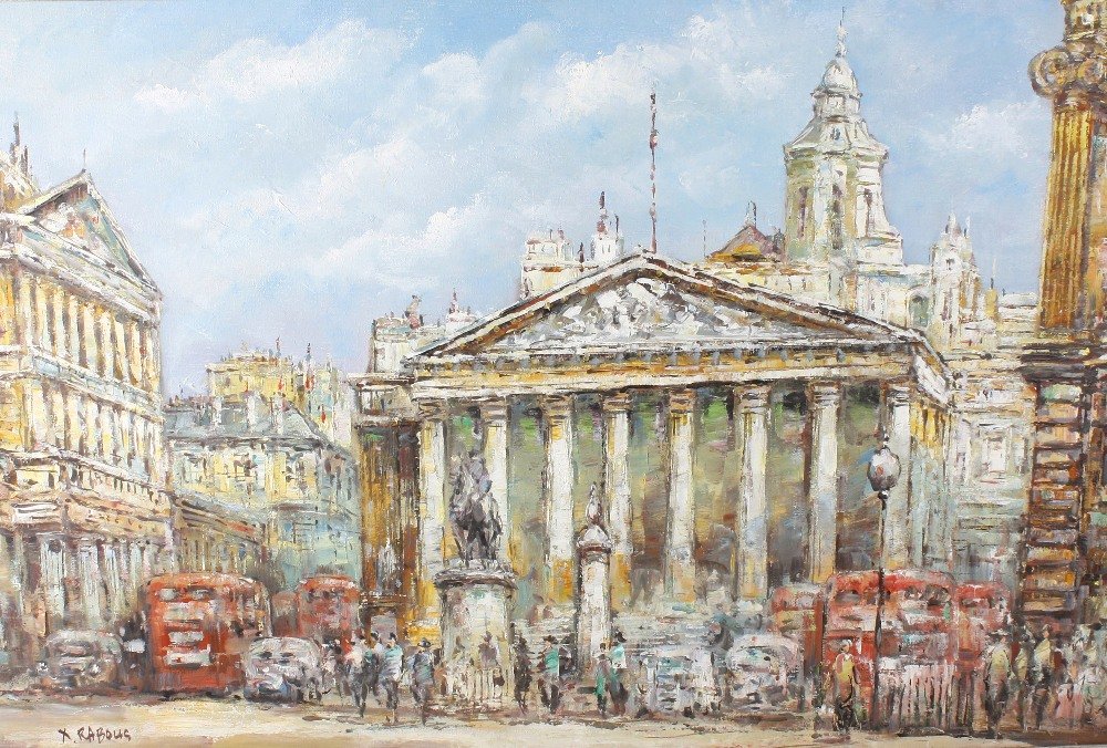 Xavier Rabous, (20th century): Xavier Rabous, (20th century)Five oil paintings on canvasA London street scene with red double-decker busesSigned lower left23.5" x 35.5", (59.5cm x 90cm)in felt slip and swept gilt frame,The Arc de T