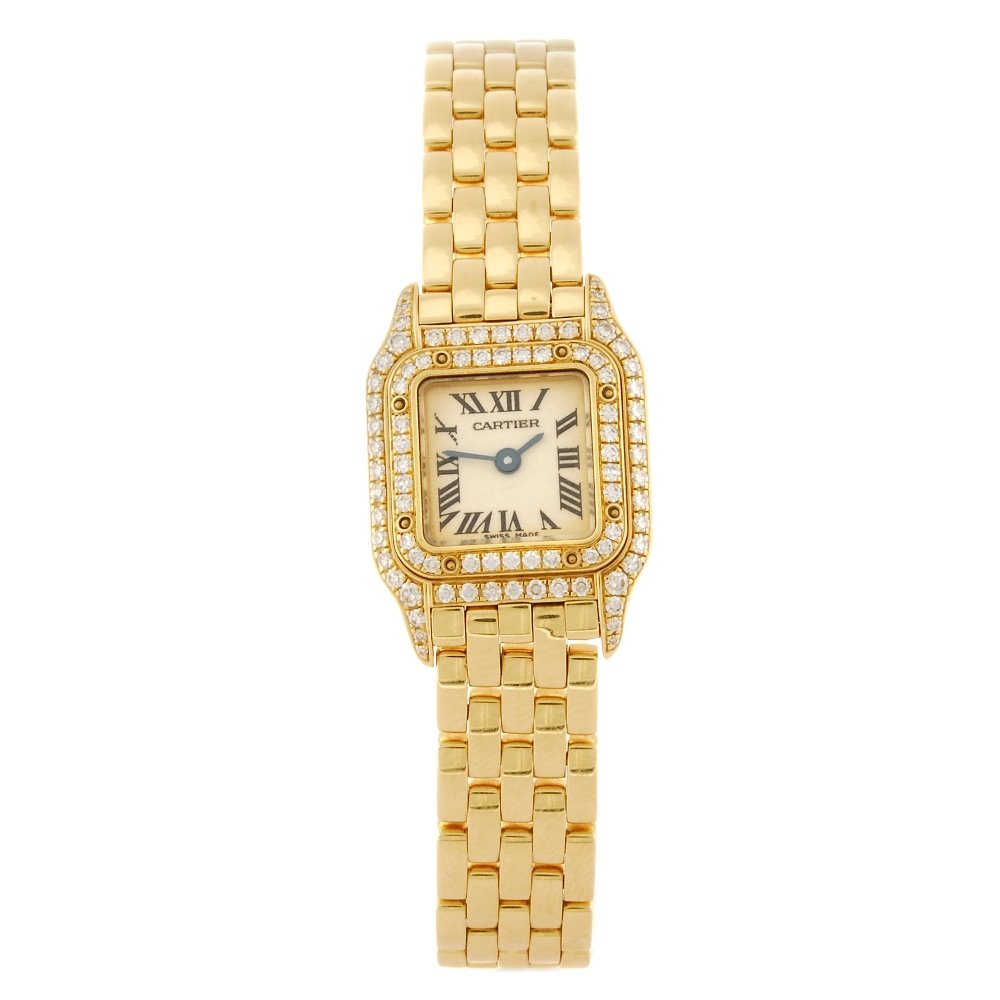 (96992) CARTIER - a Panthere bracelet watch.: (96992) CARTIER - a Panthere bracelet watch. Reference 2360, serial 914801 CD. Signed quartz calibre 201. Cream dial with black Roman numeral hour markers. Diamond set bezel, 18k gold case fitted to a