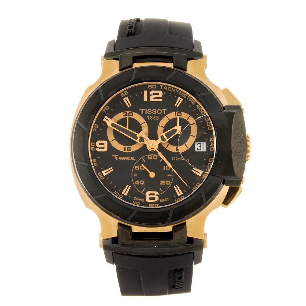 TISSOT - a gentleman's T-Race chronograph wrist watch.: TISSOT - a gentleman's T-Race chronograph wrist watch. Numbered T048417A 12BN0260691. Unsigned quartz movement. Black dial with gilt hour markers, quarterly Arabic numeral hour markers, date aperture
