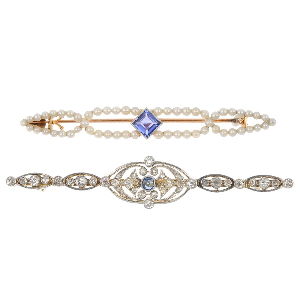 Two mid 20th century gem-set bar brooches.: Two mid 20th century gem-set bar brooches. To include a kite-shape synthetic sapphire and seed pearl geometric bar brooch, together with a sapphire and vari-cut diamond openwork scrolling bar brooch. 