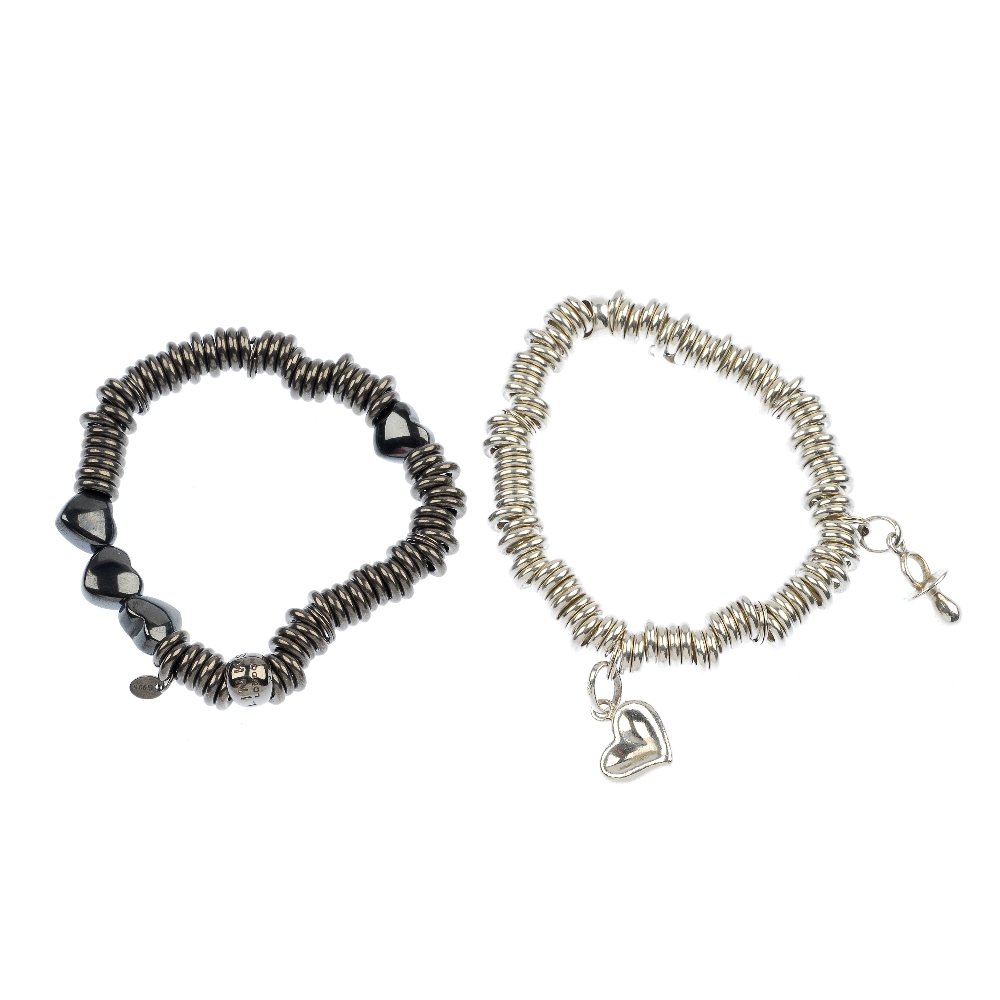 LINKS OF LONDON - two 'Sweetie' charm bracelets.: LINKS OF LONDON - two 'Sweetie' charm bracelets, the first suspending a heart and a dummy charm, the second with heart-shape beads and black rhodium finish. Maker's marks for Links London. Bracelets a
