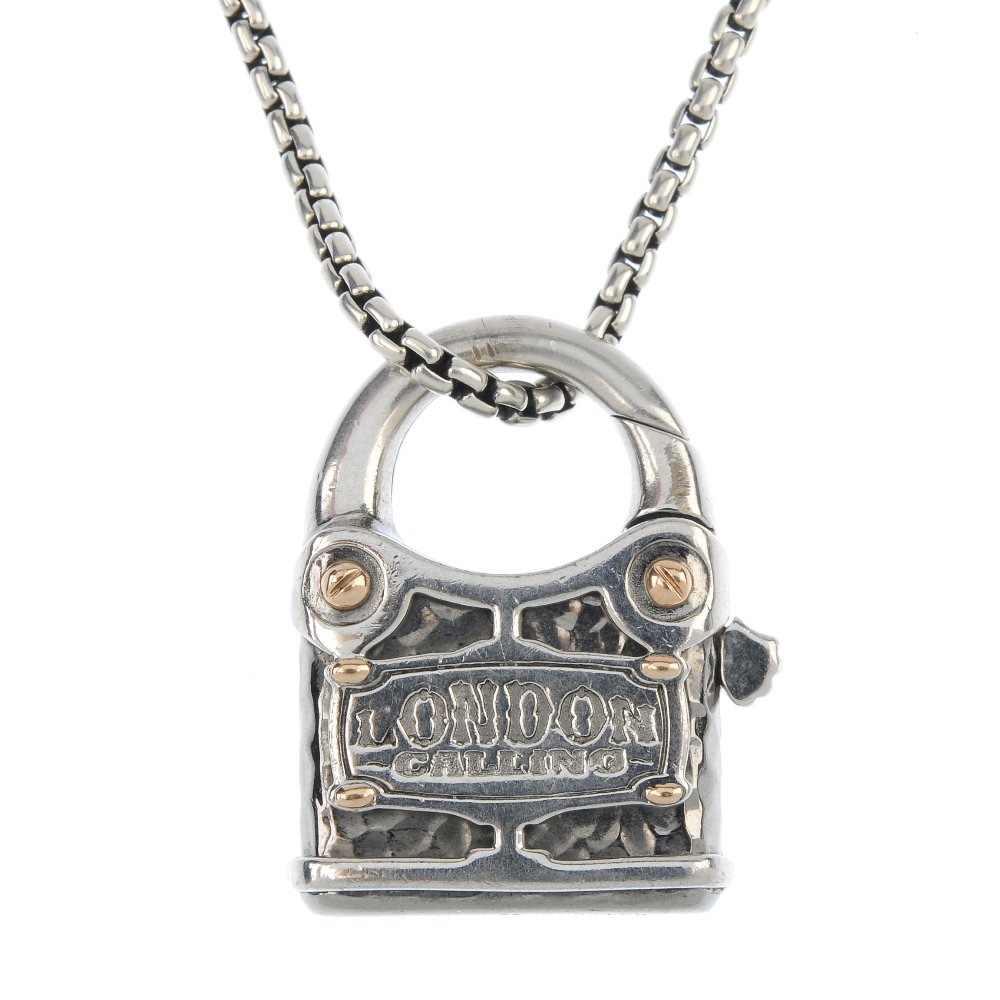 STEPHEN WEBSTER - a silver 'London Calling' padlock: STEPHEN WEBSTER - a silver 'London Calling' textured pendant, designed as a padlock, with London Calling logo and bi-colour accents, suspended from a fancy-link chain. Maker's marks for Stephen Webste