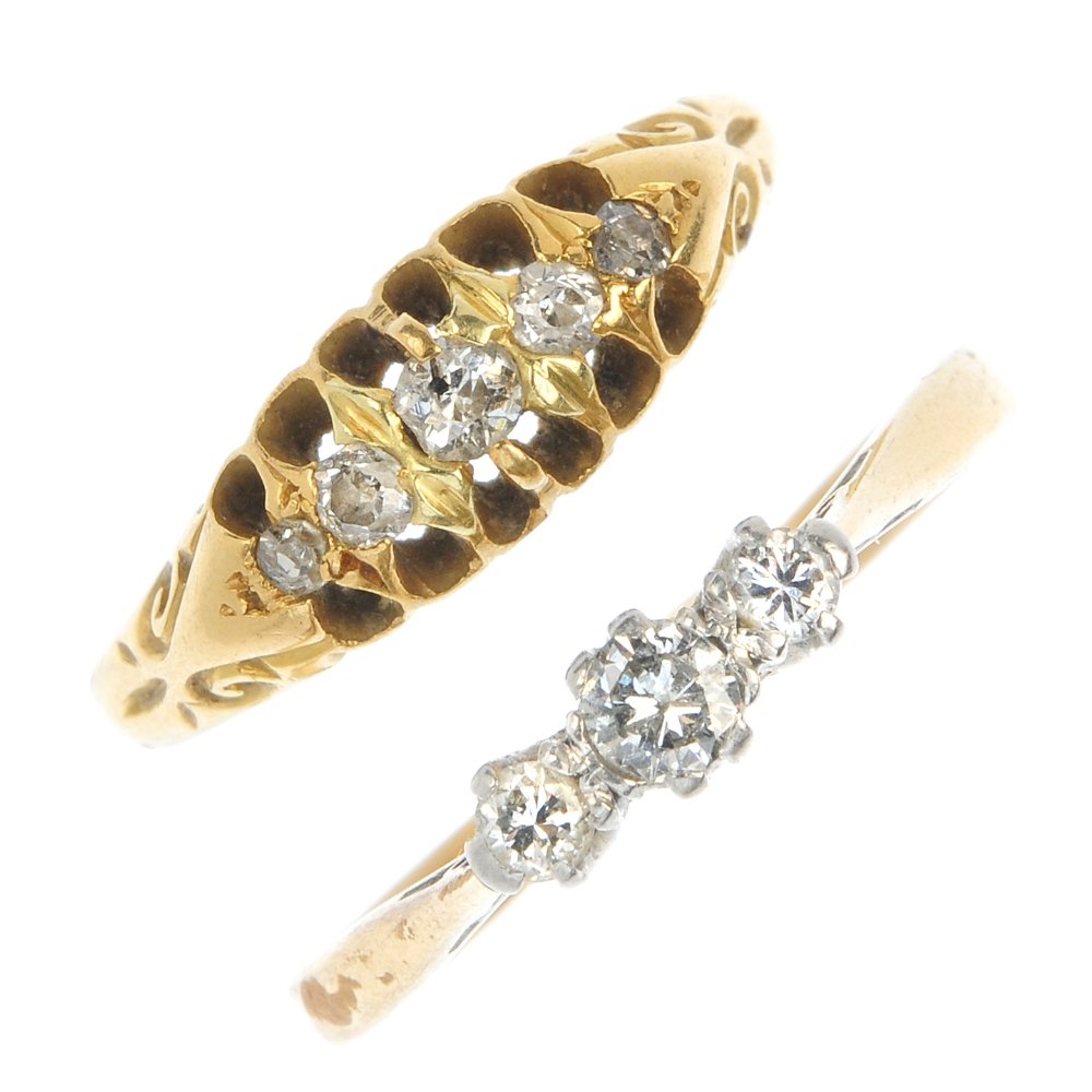 Two 18ct gold diamond rings.: Two 18ct gold diamond rings. To include an Edwardian 18ct gold diamond ring, together with a mid 20th century 18ct gold graduated three-stone diamond ring. Estimated total diamond weight 0.25ct. One r