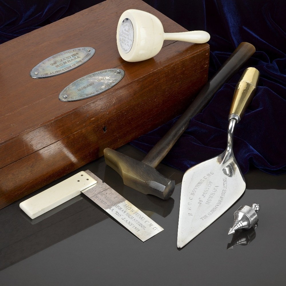 Masonic interest, an early twentieth century colonial: Masonic interest, an early twentieth century colonial ceremonial set presented to Sir Charles Calvert Bowring K.C.M.G., K.B.E. (1872 - 1945), comprising trowel, ivory handled set square, plummet and h