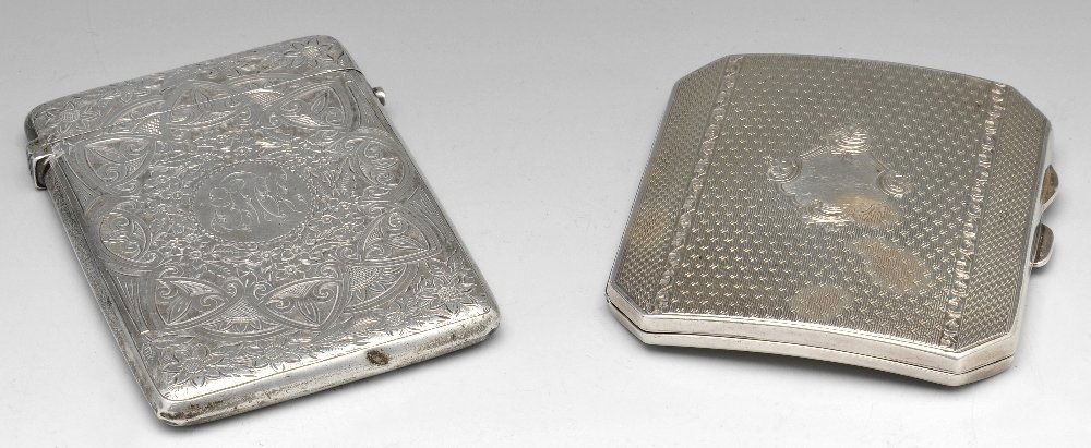 A Victorian silver card case & 1920's cigarette case.: A Victorian silver card case, with central geometric engraving with sunflower and floral motifs and central monogram. Hallmarked William Harrison Walter, London 1894, height measuring 4 inches (10 cm)