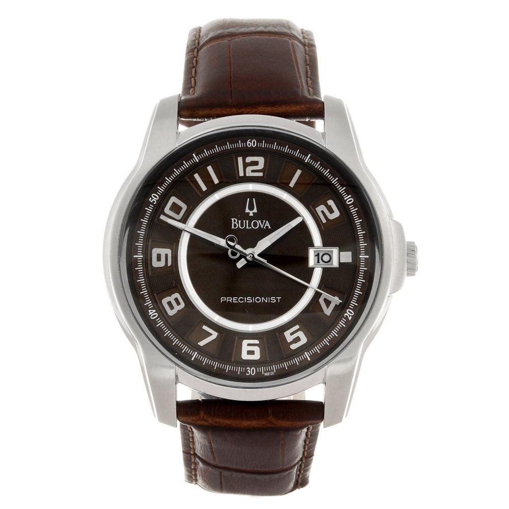 BULOVA - a gentleman's Precisionist wrist watch.: BULOVA - a gentleman's Precisionist wrist watch. Reference C877648, serial 11698542. Unsigned quartz movement. Brown dial with Arabic numeral hour markers, date aperture to three. Stainless steel case