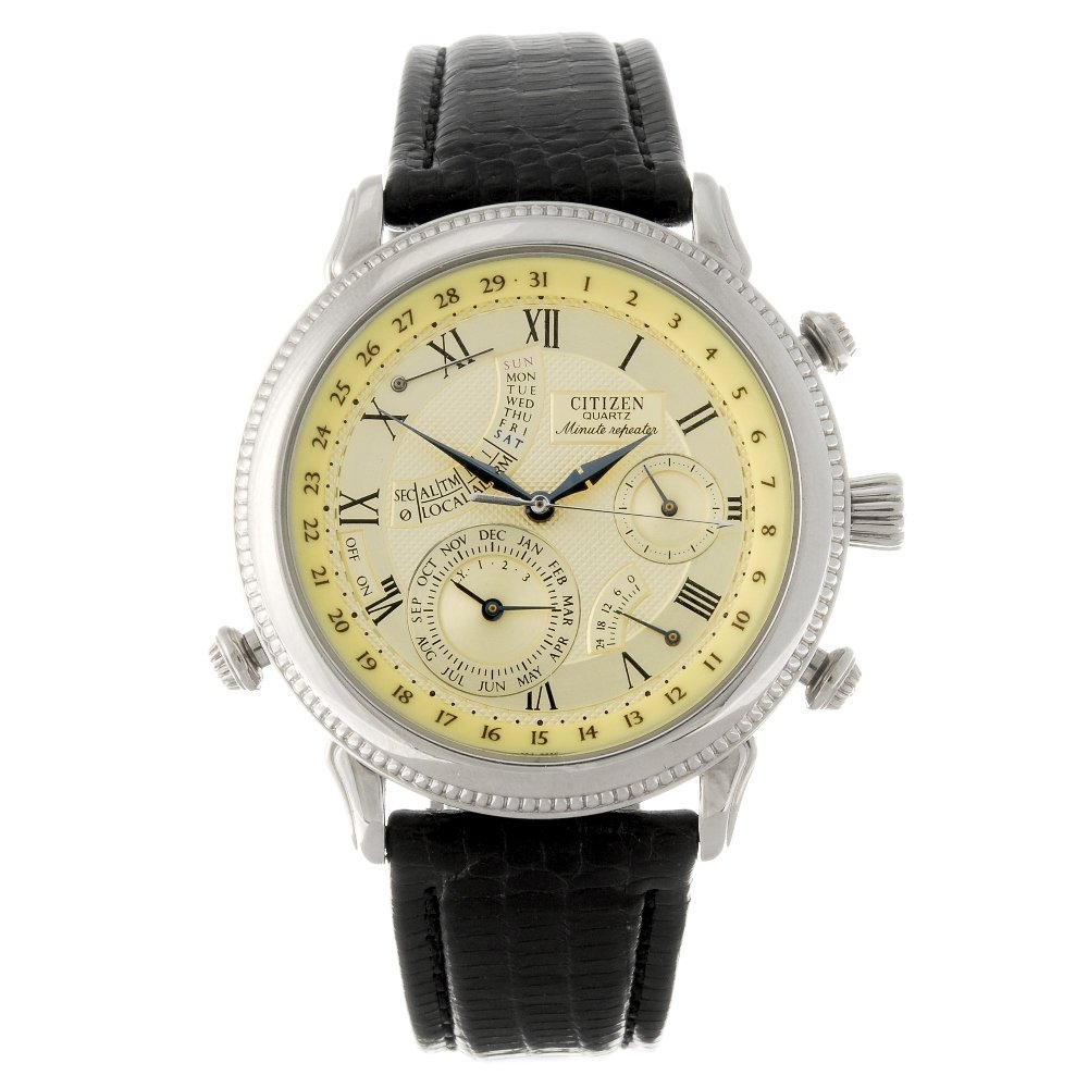 CITIZEN - a gentleman's Minute Repeater wrist watch.: CITIZEN - a gentleman's Minute Repeater wrist watch. Numbered 6760-G70480. Unsigned quartz movement. Silvered dial with Roman numeral hour markers, subsidiary dials to three, five, seven and nine. Sta