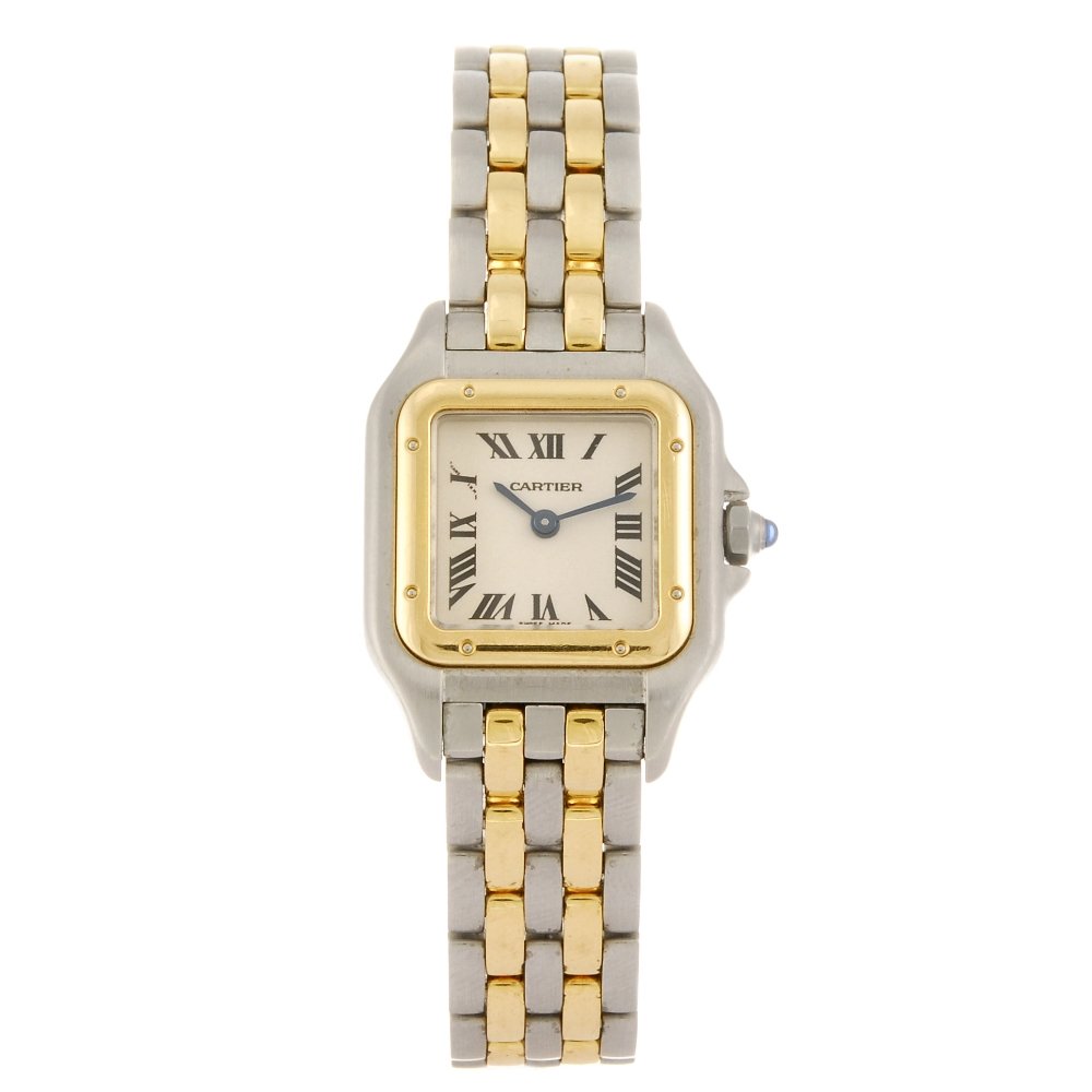 (507031382) CARTIER - a Panthere bracelet watch.: (507031382) CARTIER - a Panthere bracelet watch. Numbered 632080UF 1120. Signed quartz movement. Silvered dial. Yellow metal bezel, stainless steel case fitted to a bi-metal bracelet with double foldi
