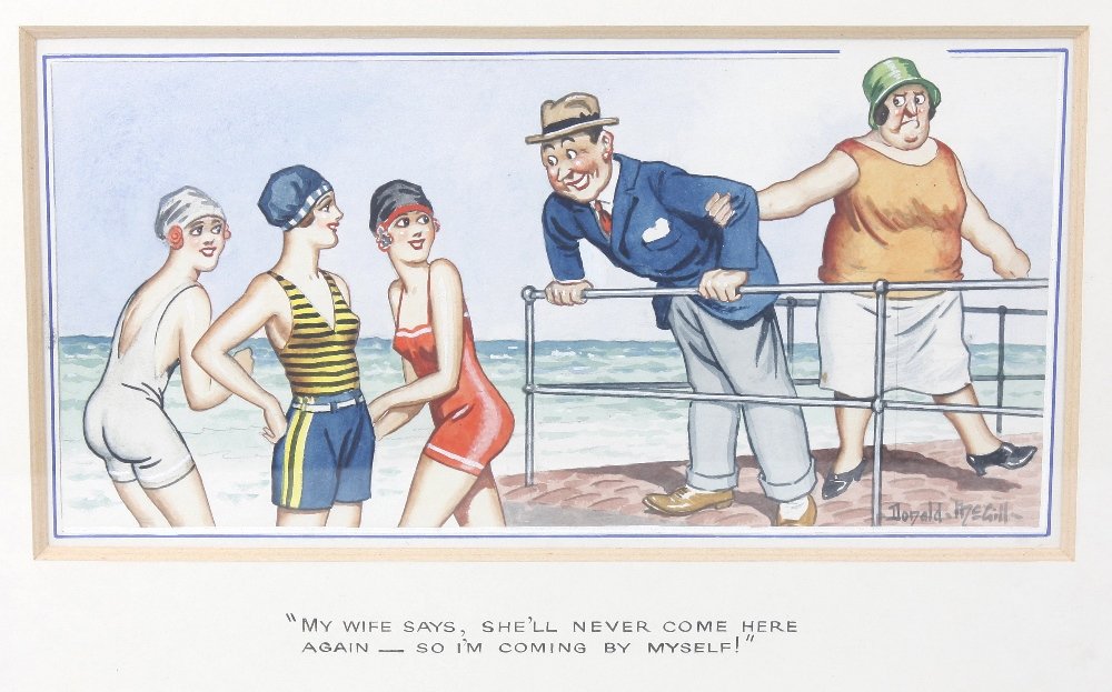 Donald Fraser Gould McGill (1875-1962): Donald Fraser Gould McGill (1875-1962)'My wife says, she'll never come here again- so I'm coming by myself!'A man leering over three young ladies in bathing suits, while his wife pulls him away,Ink an