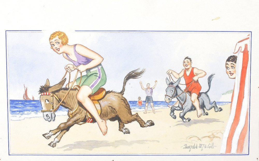 Donald Fraser Gould McGill (1875-1962): Donald Fraser Gould McGill (1875-1962)'We're going the pace (at ---)'Two people riding and racing donkeys along a beach with spectators,Ink and watercolour,Signed lower right,Titled in pencil verso,10