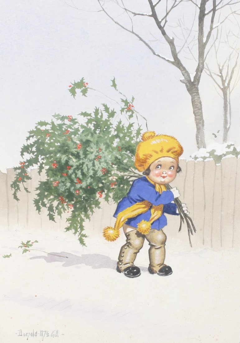 Donald Fraser Gould McGill (1875-1962): Donald Fraser Gould McGill (1875-1962)UntitledA young girl wearing coat, hat and scarf carrying a large holly bush along a snowy path,Ink and watercolour,Signed lower left,6.25" x 9" (16cm x 23cm)Unfr