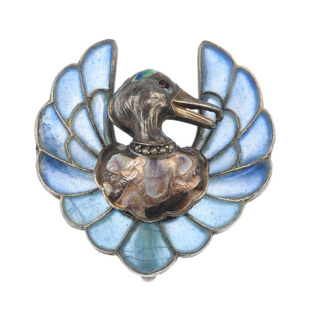 MEYLE & MAYER - an early 20th century silver: MEYLE & MAYER - an early 20th century silver plique-a-jour enamel brooch, designed as a multi-shade enamel mallard's head with pink paste eyes and seed pearl collar, to the blue plique-a-jour enamel w