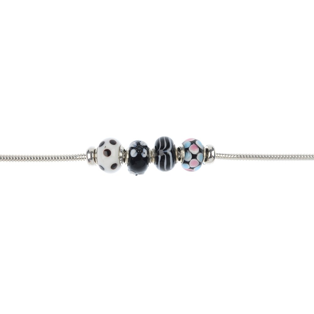Twenty-six charm bracelets.: Twenty-six charm bracelets, each designed as a snake chain to the lobster-claw clasp each suspending four decorative glass beads. Most with marks to indicate silver. Total weight 487gms.