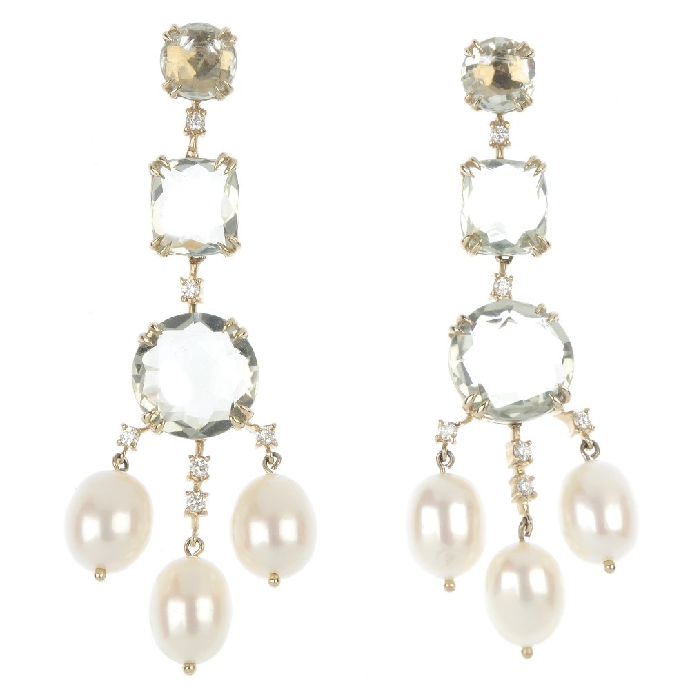 H. STERN - a pair of diamond and gem-set ear pendants.: H. STERN - a pair of diamond and gem-set ear pendants. Each designed as three freshwater cultured pearls, suspended from a graduated vari-shape green beryl line, with brilliant-cut diamond accents. Sp