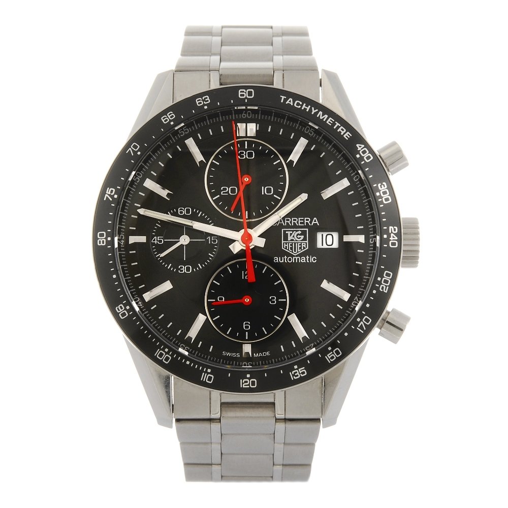(925006044) TAG HEUER - a gentleman's Carrera chronogr: (925006044) TAG HEUER - a gentleman's Carrera chronograph bracelet watch. Reference CV2014-2, serial RBW6693. Signed automatic calibre 16. Black dial with baton hour markers, date aperture to three, s