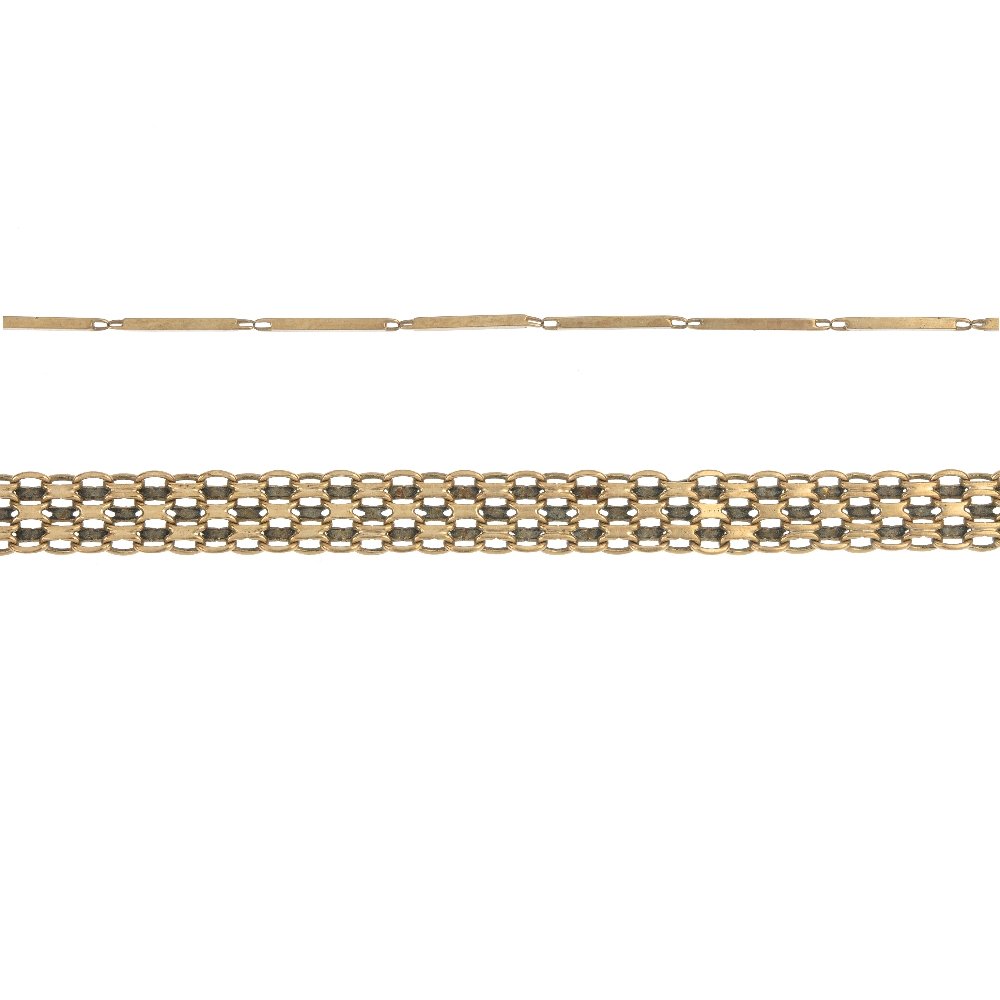 Two 9ct gold gold bracelets and a chain.: Two 9ct gold gold bracelets and a necklace chain. To include a fancy-link panel bracelet, a fancy box-link bracelet, together with a box-link chain. Bracelets with import marks for London. Length of b
