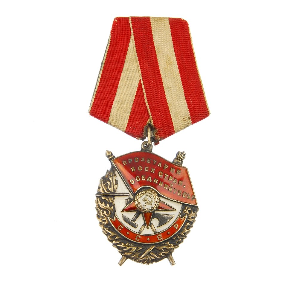 Soviet, Russian, Order of the Red Banner.: Soviet, Russian, Order of the Red Banner, type 3, numbered 305206. Serial number indicates a long-service award dating to 1945-1947.