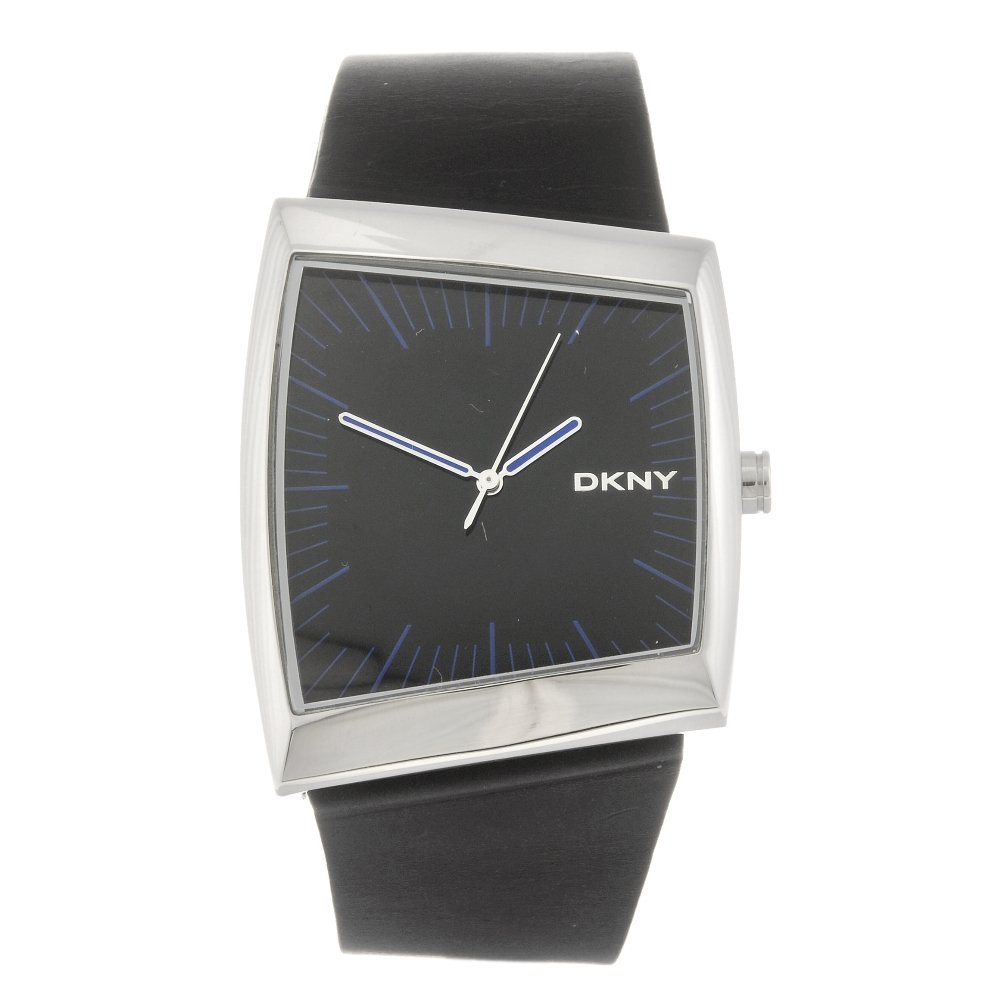 DKNY - a gentleman's wrist watch.: DKNY - a gentleman's wrist watch. Numbered NY-1152 120405. Unsigned quartz movement. Black dial with blue hour markers. Stainless steel case fitted to a signed black leather strap with stainless steel