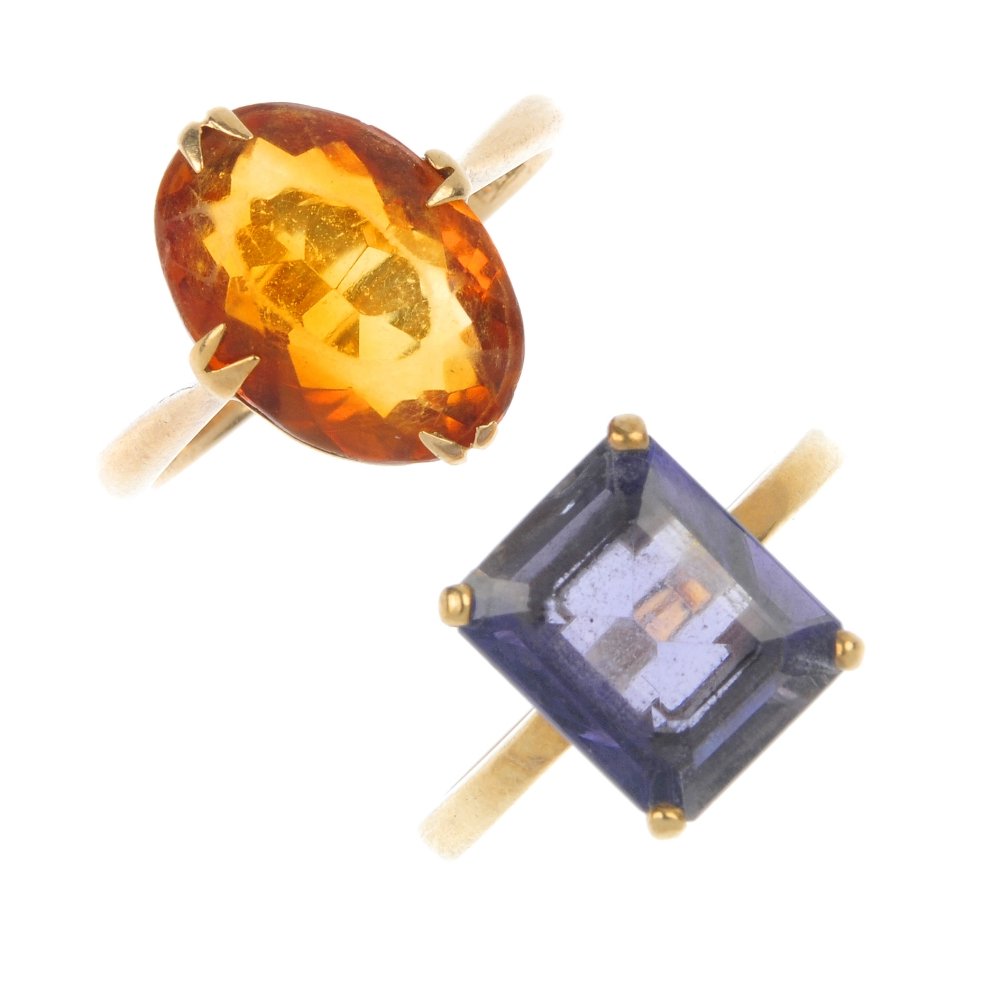 Two 9ct gold single-stone rings.: Two 9ct gold single-stone rings. To include a rectangular-shape iolite ring, together with a mid 20th century oval-shape citrine ring. One with hallmarks for Birmingham, 1995. Total weight 6.2gms.