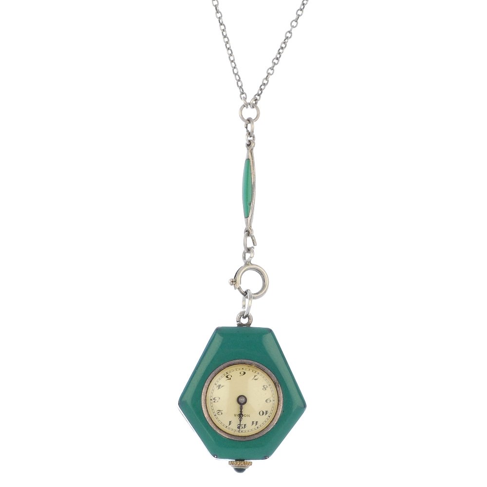 An early 20th century continental silver, enamel and gr: An early 20th century continental silver, enamel and green-gem fob watch. The circular cream dial, within a geometric green and blue enamel hexagonal case, suspended from a green enamel tapered panel 