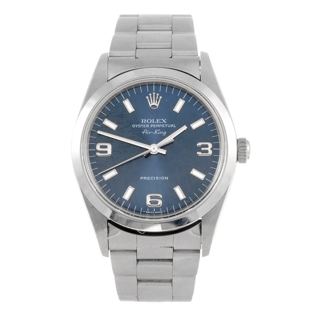ROLEX - a gentleman's Oyster perpetual Air-King: ROLEX - a gentleman's Oyster perpetual Air-King Precision bracelet watch. Circa 1997. Reference 14010, serial U354832. Signed automatic calibre 3000. Blue dial with luminous baton hour markers, quarte