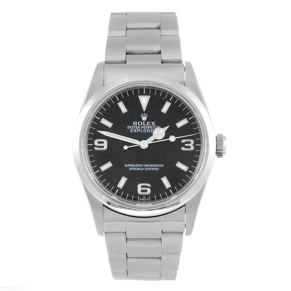 ROLEX - a gentleman's Oyster Perpetual Explorer: ROLEX - a gentleman's Oyster Perpetual Explorer bracelet watch. Circa 1999. Reference 14270, serial A474094. Signed automatic calibre 3000. Black dial with luminous hour markers, quarterly Arabic nume