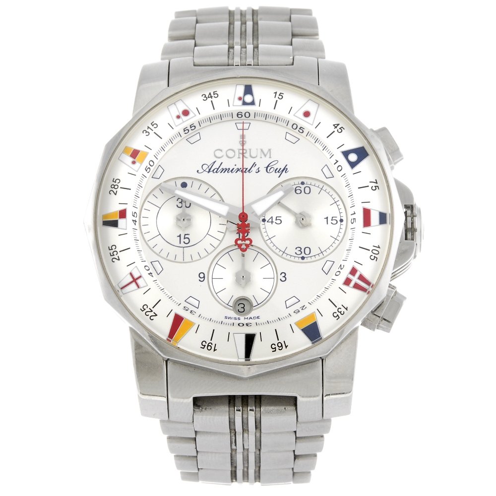 (132313) CORUM - a gentleman's Admiral's Cup: (132313) CORUM - a gentleman's Admiral's Cup chronograph bracelet watch. Reference 985.644.20, serial 1756470. Signed automatic movement. Silvered dial with luminous hour markers, subsidiary recorder