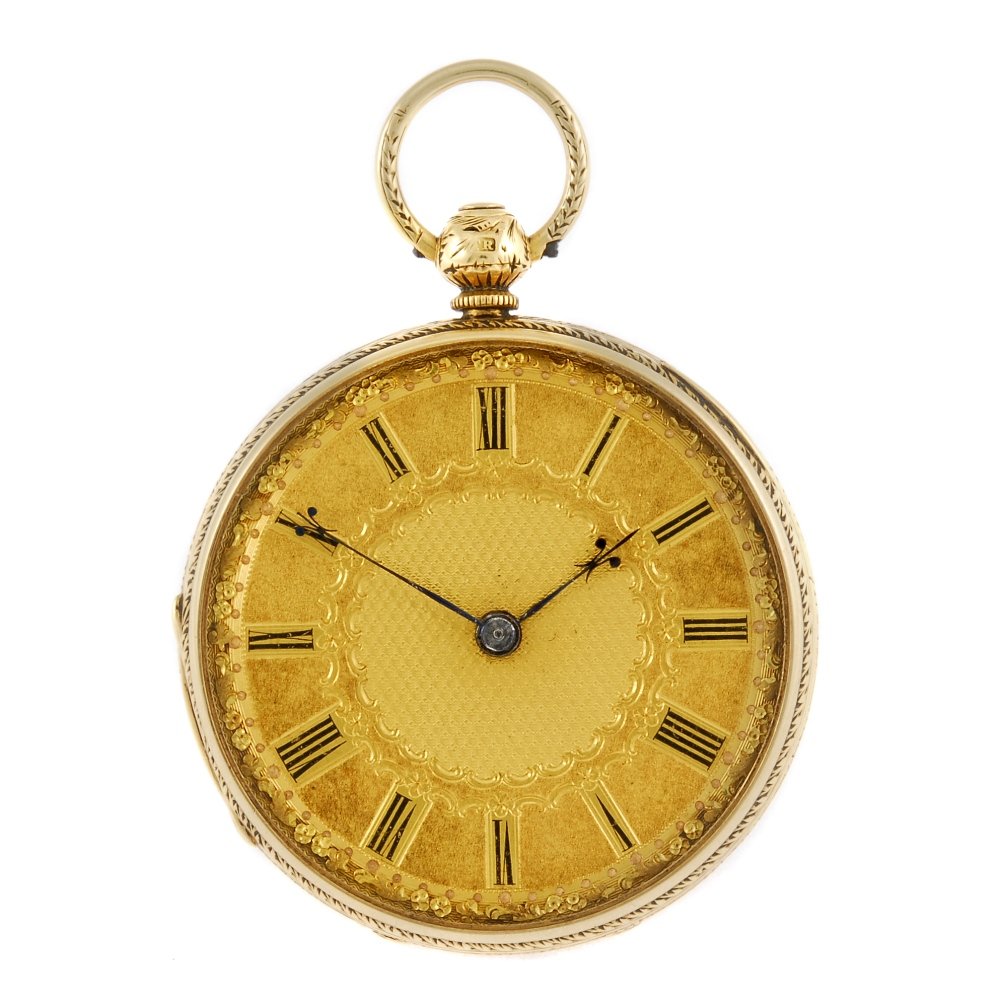 An open face pocket watch.: An open face pocket watch. Hallmarked Chester 1859. Unsigned key wind three quarter plate movement with ratchet tooth lever escapement. Gilt dial with Roman numeral hour markers. 18ct yellow gold case