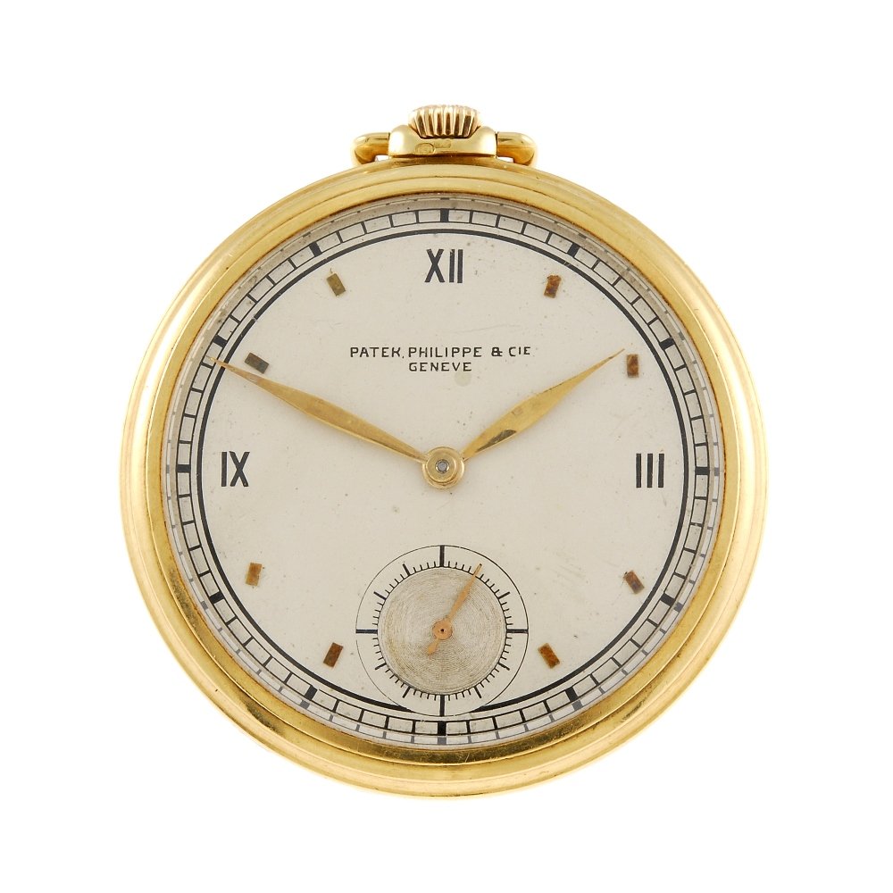 An open face pocket watch by Patek Philippe.: An open face pocket watch by Patek Philippe. Stamped 18k with poincon. Numbered 417327. Signed eighteen jewel keyless wind movement with club tooth lever escapement. Silvered dial with gilt baton hour