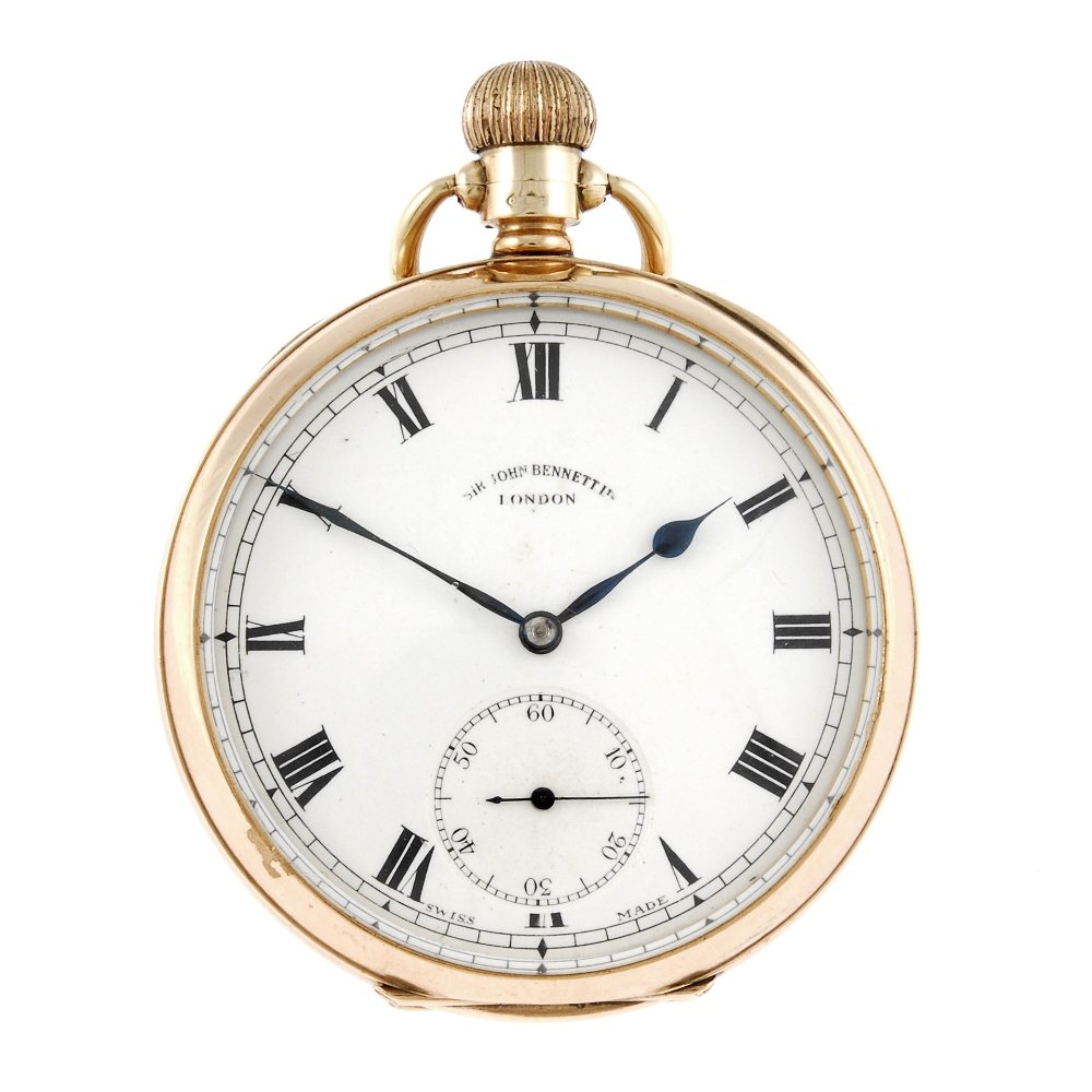 An open face pocket watch by John Bennett.: An open face pocket watch by John Bennett. Hallmarked London 1924. Unsigned seventeen jewel keyless wind movement with club tooth lever escapement. White enamel dial with Roman numeral hour markers, s