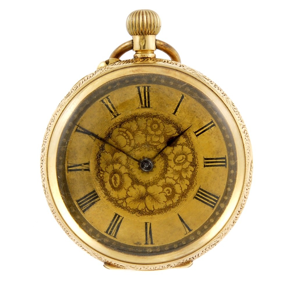 An open face fob watch.: An open face fob watch. Stamped 18k. Numbered 133560. Unsigned keyless wind Swiss bar movement with cylinder escapement. Gilt dial with Roman numeral hour markers. Yellow metal case. 35mm. 32gms. Toge