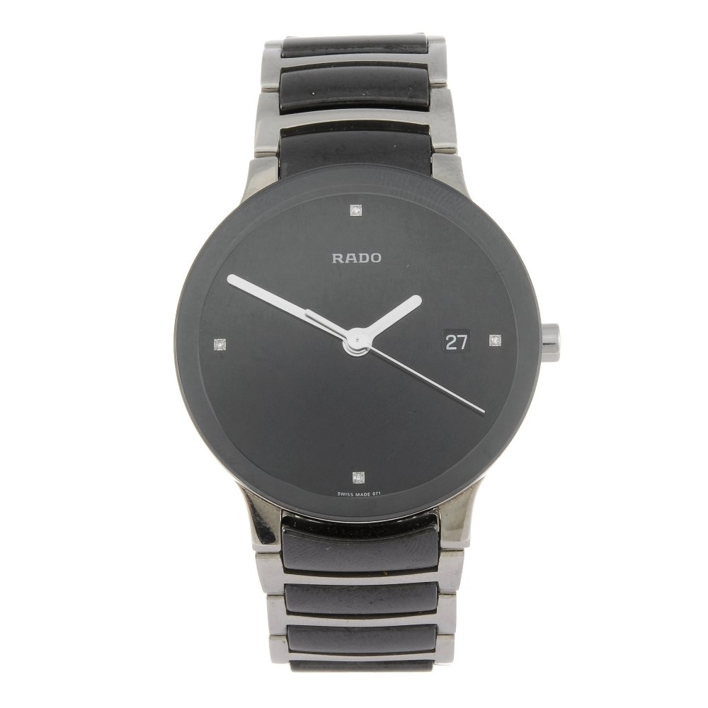 RADO - a gentleman's Centrix bracelet watch.: RADO - a gentleman's Centrix bracelet watch. Reference 01.115.0934.3.071, serial 12119166. Quartz movement. Black dial with quarterly diamond dot markers, date aperture to three. Bi-material case fitt