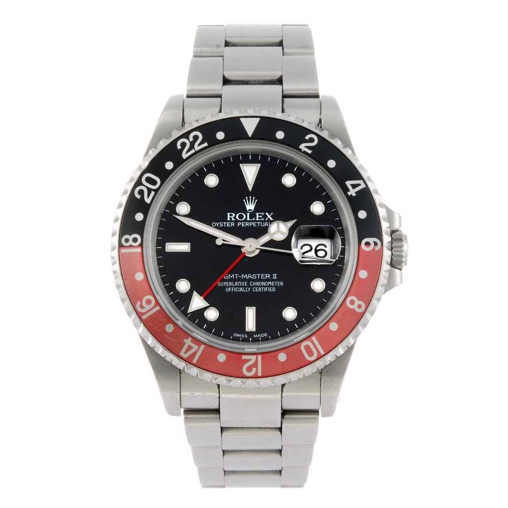 (904005846) ROLEX - a gentleman's Oyster Perpetual Date: (904005846) ROLEX - a gentleman's Oyster Perpetual Date GMT-Master II bracelet watch. Circa 2001. Reference 16710, serial K801814. Signed automatic calibre 3185. Black dial with luminous hour markers,