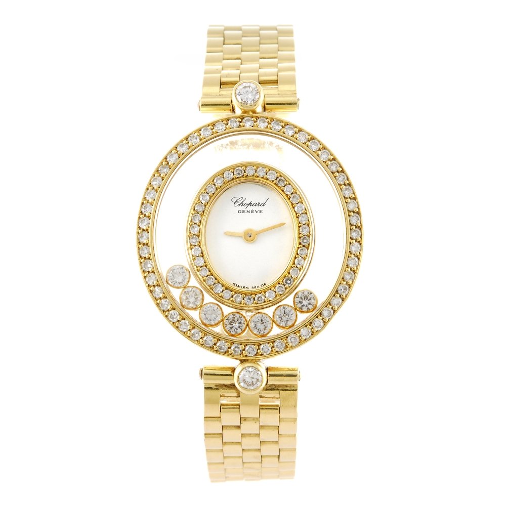 (924004771) CHOPARD - a lady's Happy Diamonds bracelet: (924004771) CHOPARD - a lady's Happy Diamonds bracelet watch. Numbered 2873015236. Quartz movement. White dial. Diamond set inner and outer bezel, 18ct yellow gold case fitted to an 18ct yellow gold b