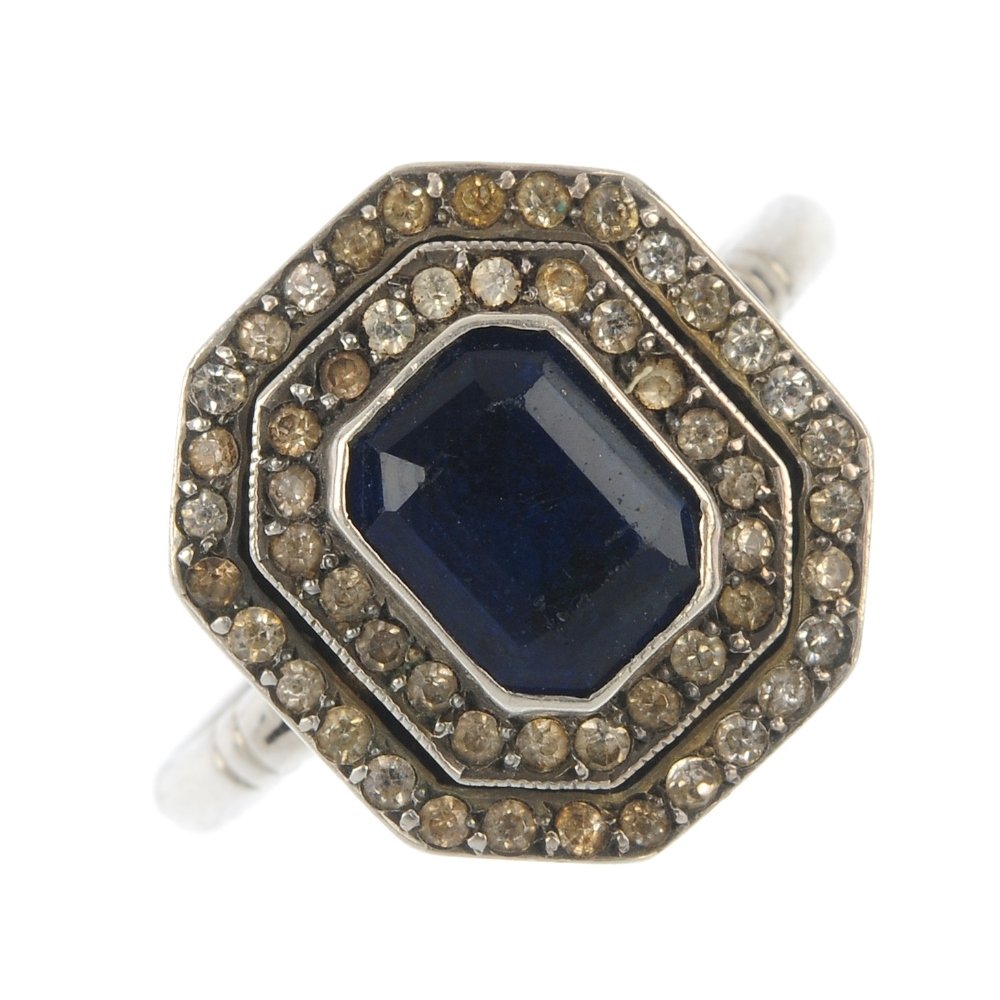 A selection of seven items of early 20th century: A selection of seven items of early 20th century jewellery, to include a blue and colourless paste cluster ring, a paste and enamel floral pendant, together with five brooches of various design. Some