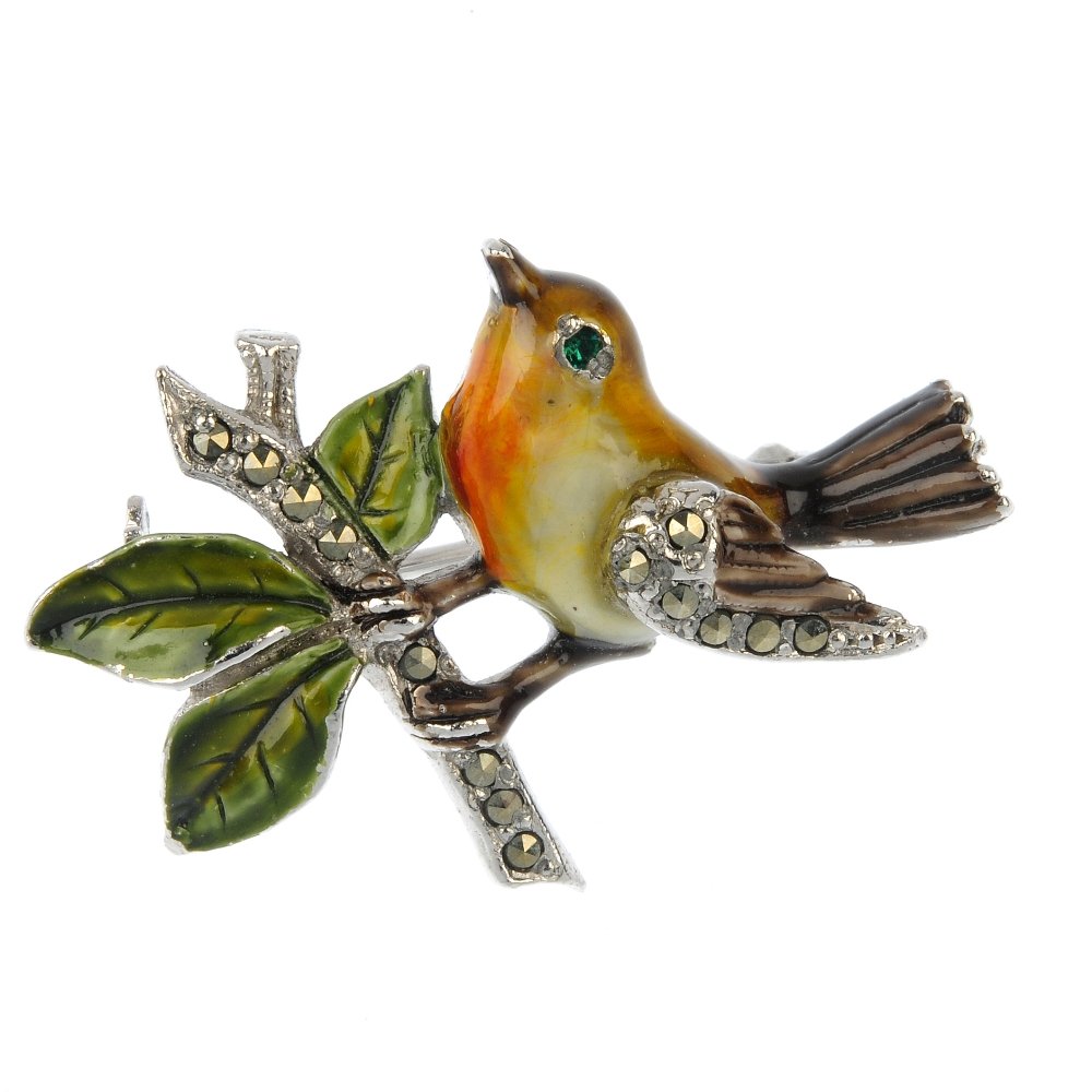 A selection of marcasite jewellery.: A selection of marcasite jewellery, to include an enamel robin brooch, two gem-set butterfly brooches, together with eleven further items. Six with marks indicating silver. Weight of marked items 30.1