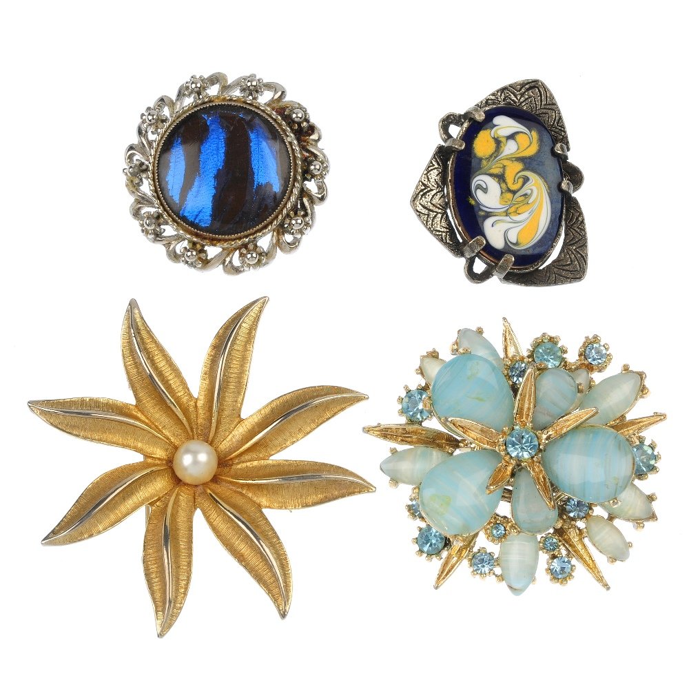 Eighteen items of designer costume jewellery,: Eighteen items of designer costume jewellery, to include a blue and green enamel collar by D'Orlan, AF, together with a blue paste floral cluster brooch by Exquisite and a selection of further items.