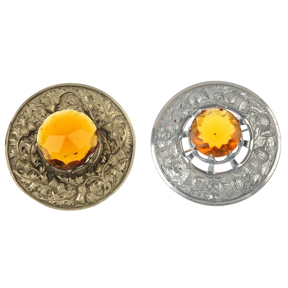 A selection of costume jewellery,: A selection of costume jewellery, to include two Scottish circular-shape brooches, each set with a circular-shape orange paste, to the panel surround with embossed thistle motif. (20) One pendant with