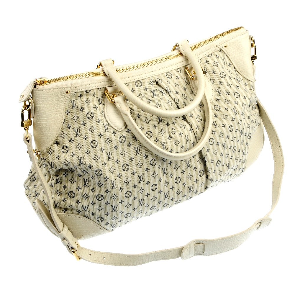 LOUIS VUITTON - a monogram Mini Lin Croisette Marina: LOUIS VUITTON - a Mini Lin Croisette Marina bag with a striped monogram, mini lin cotton and linen blend canvas exterior with white leather trim, gold-tone hardware, double rolled leather handles and 