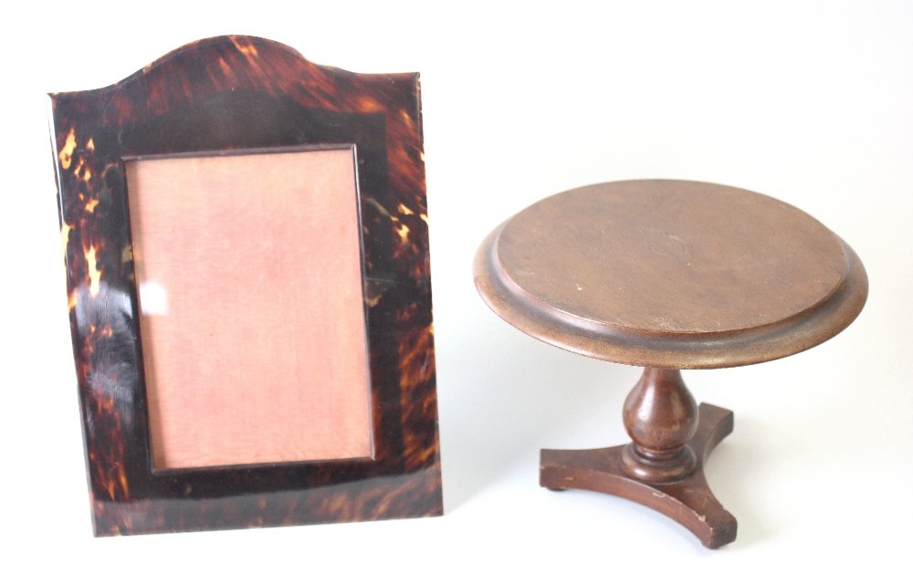 A box containing a miniature mahogany circular topped s: A box containing a miniature mahogany circular topped snap top table, a beam balance on mahogany single drawer base, oval portrait study, head and shoulder study of a lady, 9ct gold cased Girard Perre