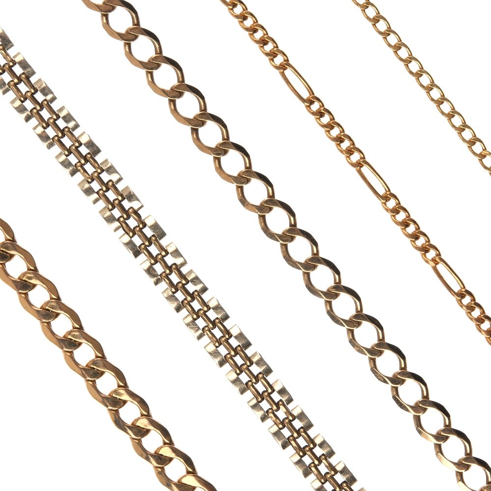 A selection of five bracelets.: A selection of five bracelets. To include a 9ct gold bi-colour bracelet, two 9ct gold curb-link bracelets, together with a 9ct gold figaro-link bracelet and one further bracelet. Four with hallmarks.