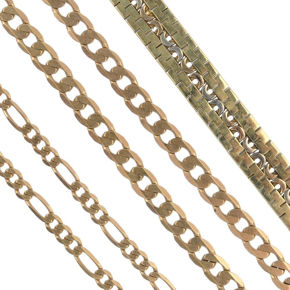 (11306) A selection of jewellery.: (11306) A selection of jewellery. To include a 1982 half sovereign coin ring, a keeper ring, a gate-link bracelet, two fancy-link bracelets and two chains. Six with hallmarks for 9ct gold. Total weigh