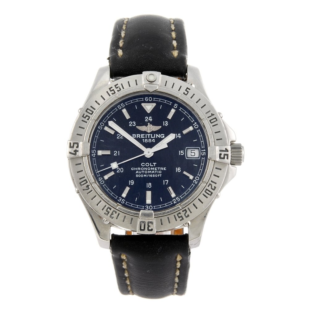 BREITLING - a gentleman's Aeromarine Colt bracelet: BREITLING - a gentleman's Aeromarine Colt bracelet watch. Reference A17350, serial 557659. Signed automatic calibre 17. Black dial with baton hour markers, date aperture to three. Calibrated bezel, st