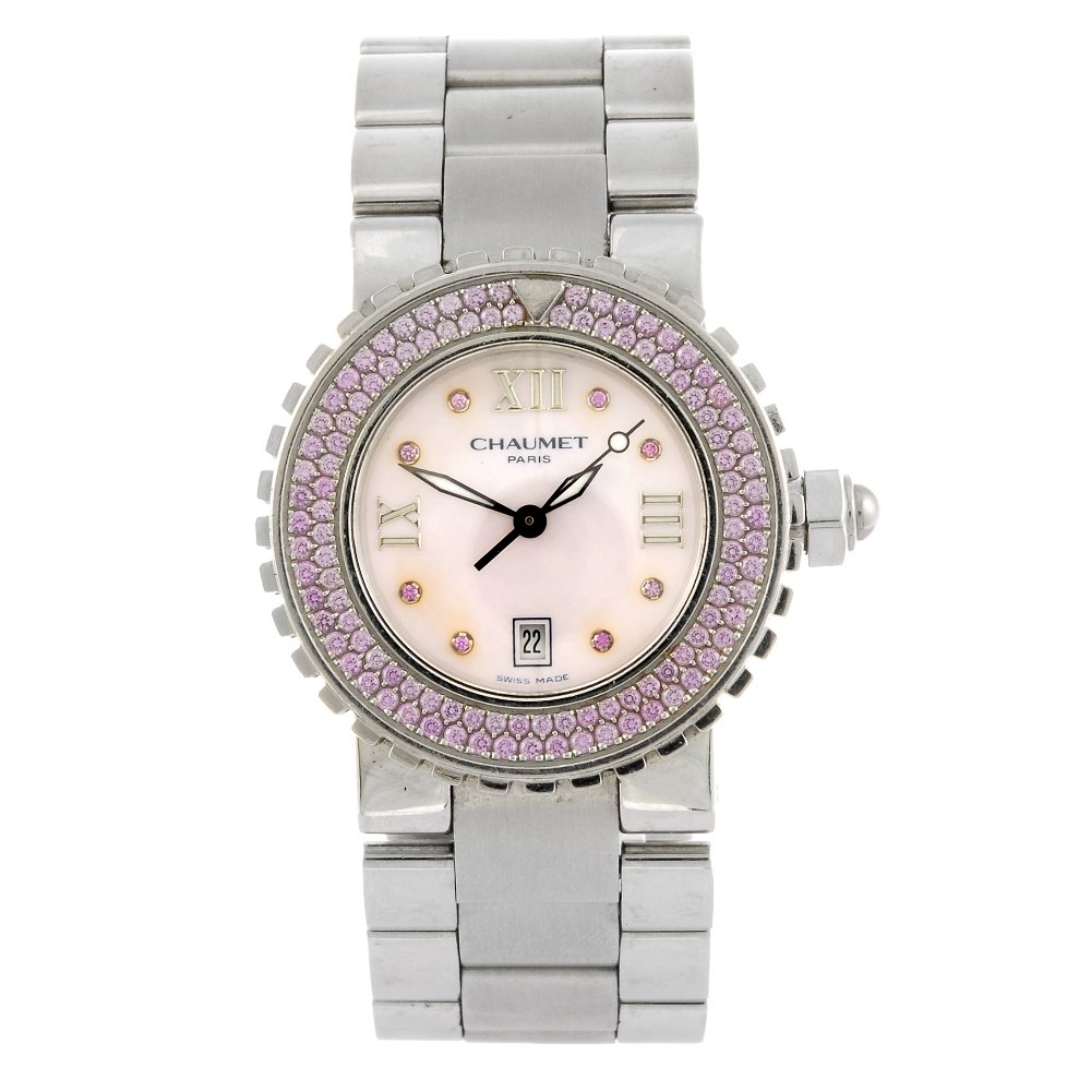 CHAUMET - a lady's Class One bracelet watch.: CHAUMET - a lady's Class One bracelet watch. Numbered 622-11764. Signed quartz ETA calibre 256.111. Mother-of-pearl dial with pink stone set hour markers, silvered Roman numeral twelve, three and nine