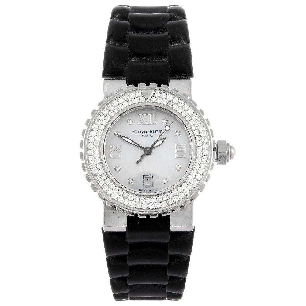 CHAUMET - a lady's Class One wrist watch.: CHAUMET - a lady's Class One wrist watch. Serial number is illegible. Signed quartz ETA calibre 256.111. Mother-of-pearl dial with diamond dot hour markers, silvered Roman numeral twelve, three and ni